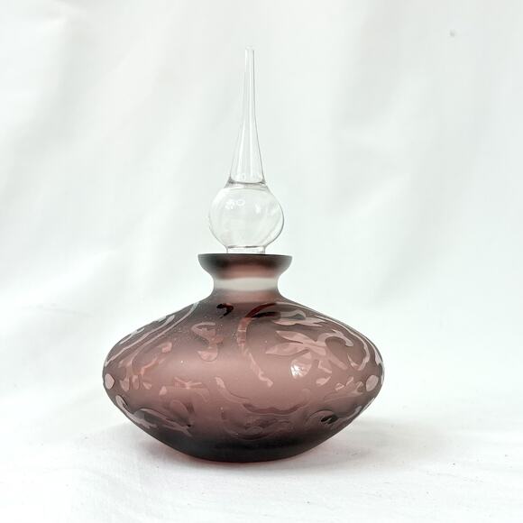 Art Glass Purple Lavender Frosted Etched Perfume Bottle Glass w/ Stopper - Picture 1 of 6